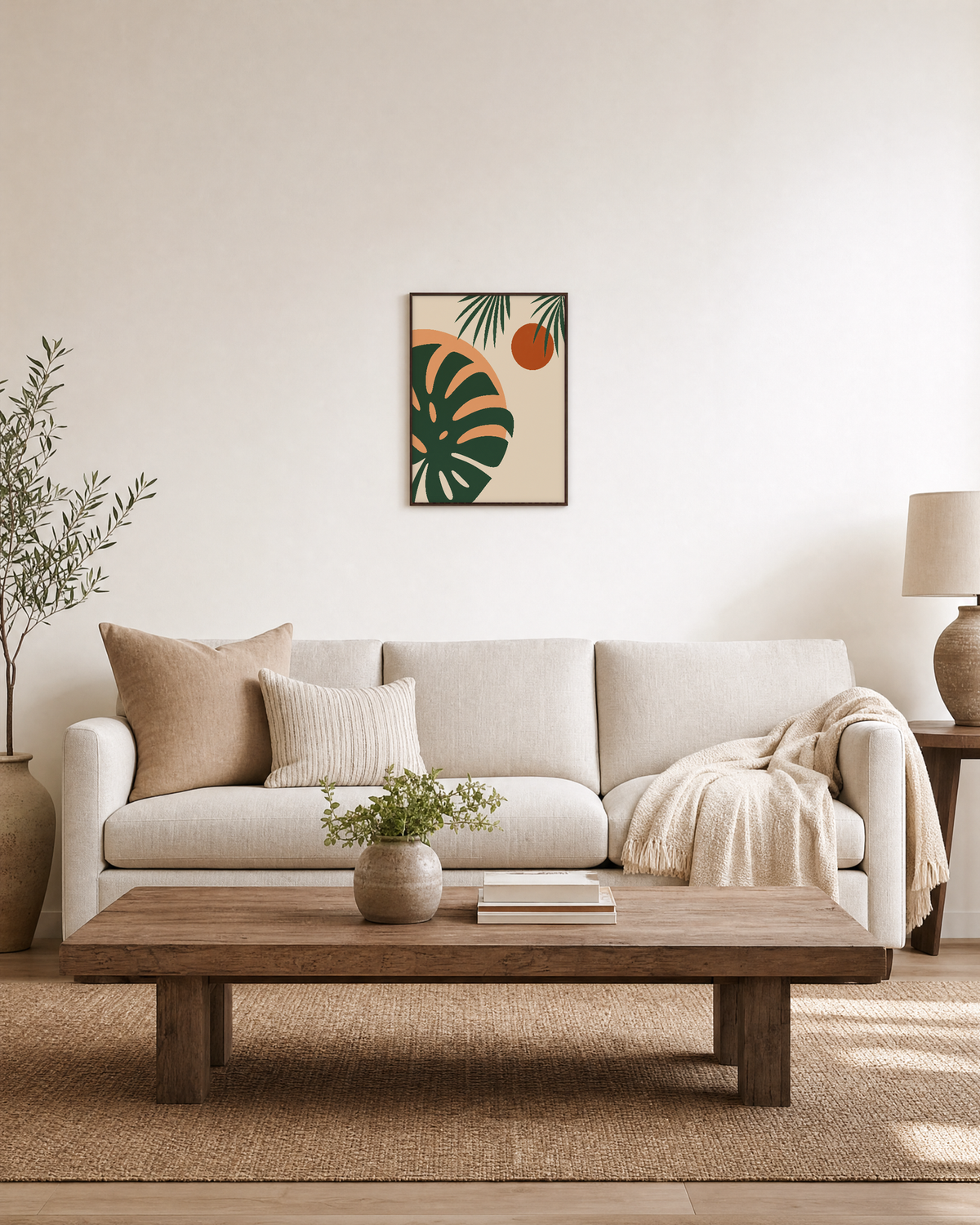 Monstera Cut Across Two Suns unframed print is shown framed for styling in a living room; frame not included