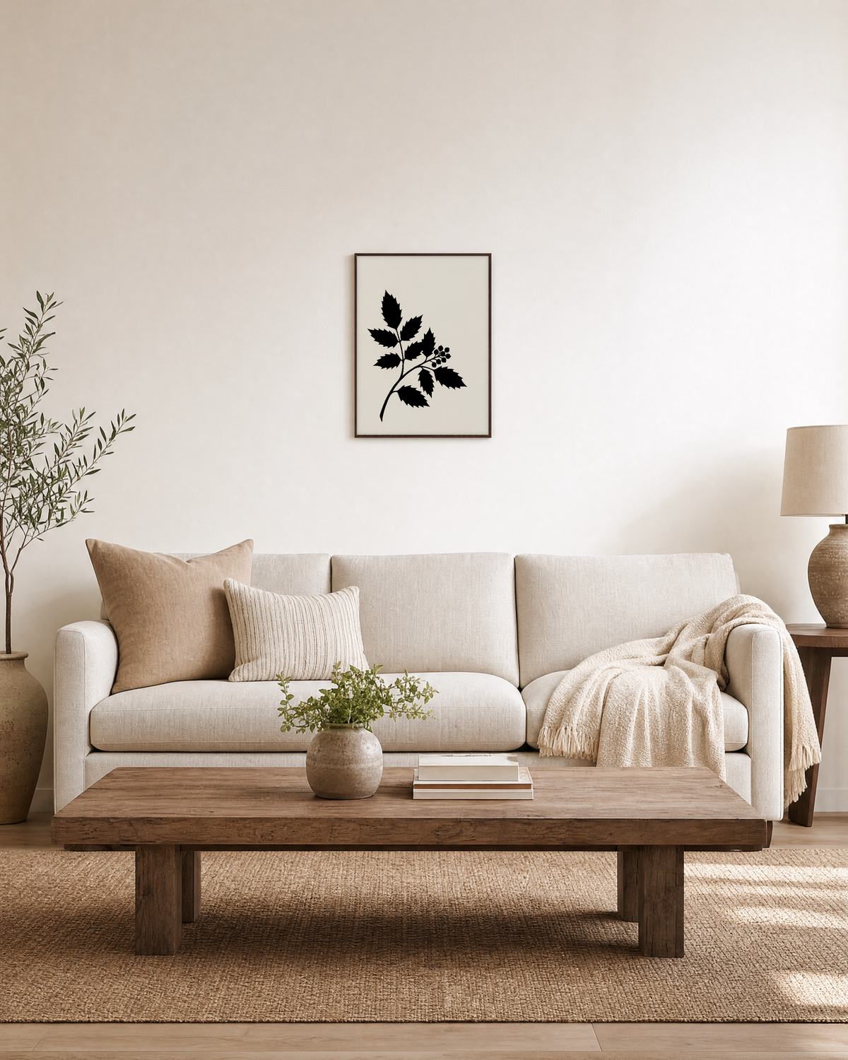 Single Plant Silhouette black leaf wall art: unframed print is shown framed for styling in a living room; frame not included