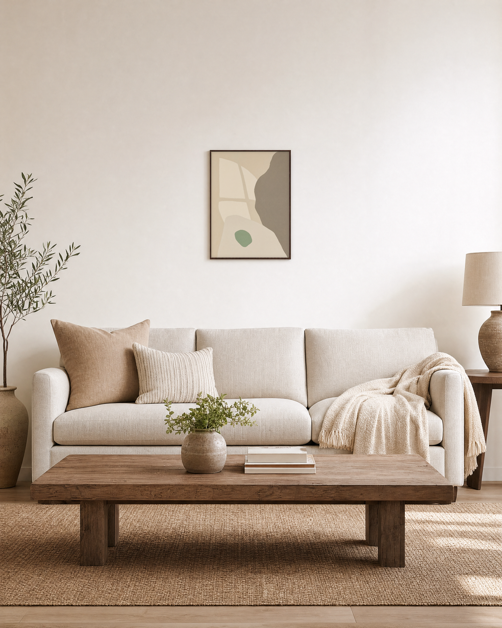 Pale Peach Against Sage pale peach and sage shapes wall art print: unframed print is shown framed for styling in a living room; frame not included