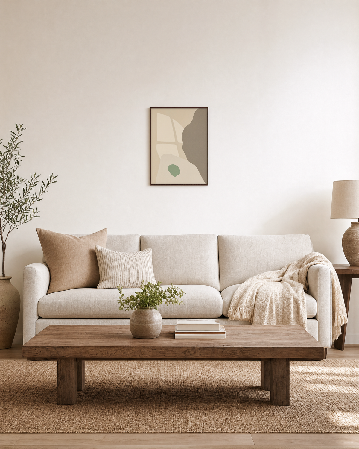 Pale Peach Against Sage pale peach and sage shapes wall art print: unframed print is shown framed for styling in a living room; frame not included