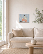 Patterned Side-View Person fashion figure wall art print: unframed print is shown framed for styling in a living room; frame not included