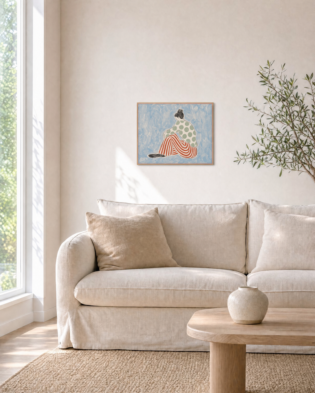Patterned Side-View Person fashion figure wall art print: unframed print is shown framed for styling in a living room; frame not included