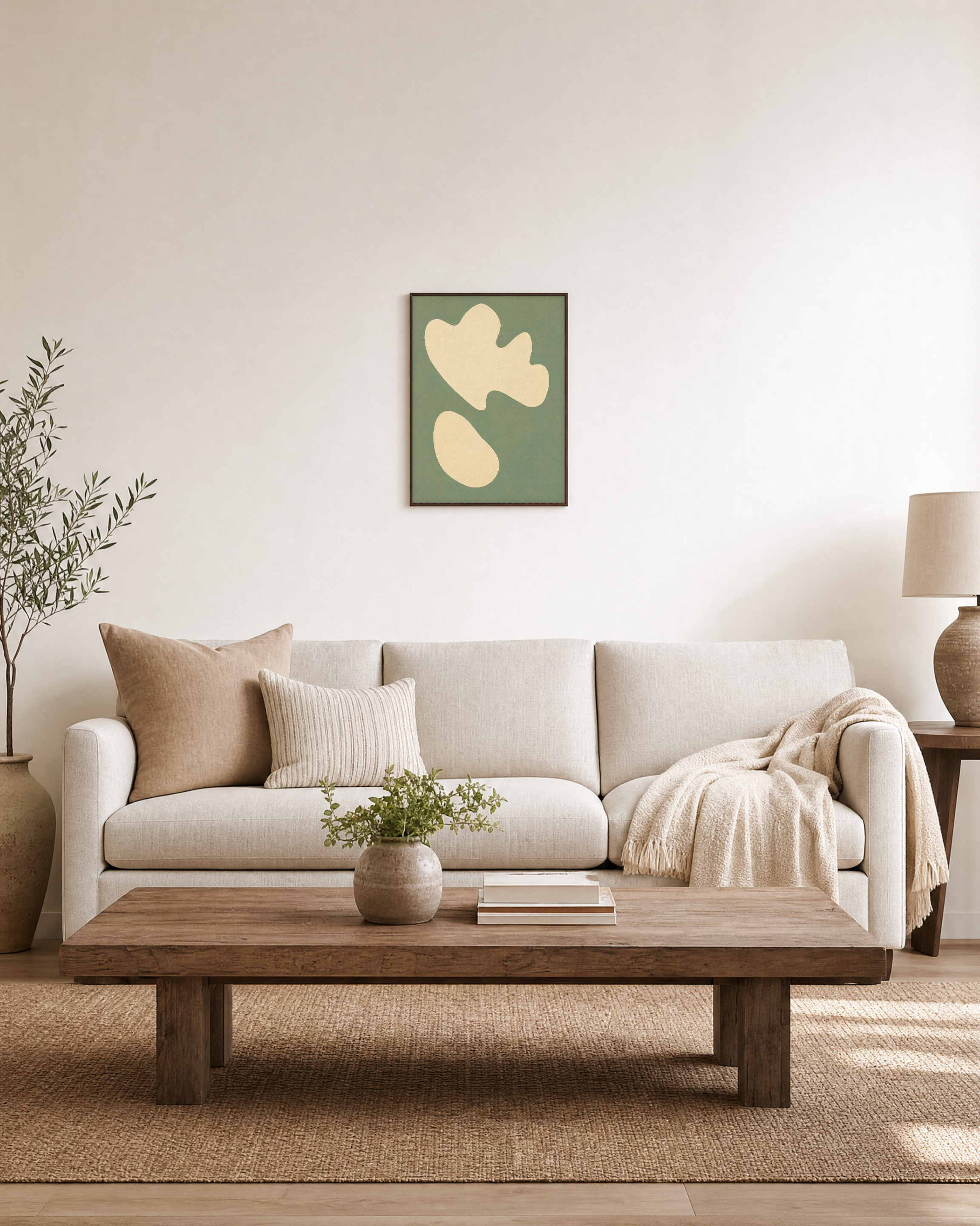 Cream Cutouts Sage unframed print is shown framed for styling in a living room; frame not included