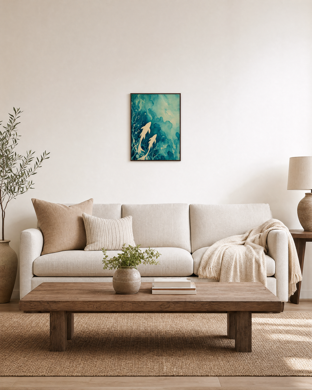 Two Koi Teal Wash unframed print is shown framed for styling in a living room; frame not included