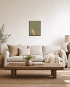 Fox Straw Hat Sage unframed print is shown framed for styling in a living room; frame not included