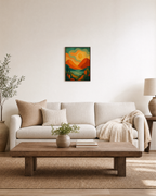 River Hour vintage landscape wall art: unframed print is shown framed for styling in a living room; frame not included