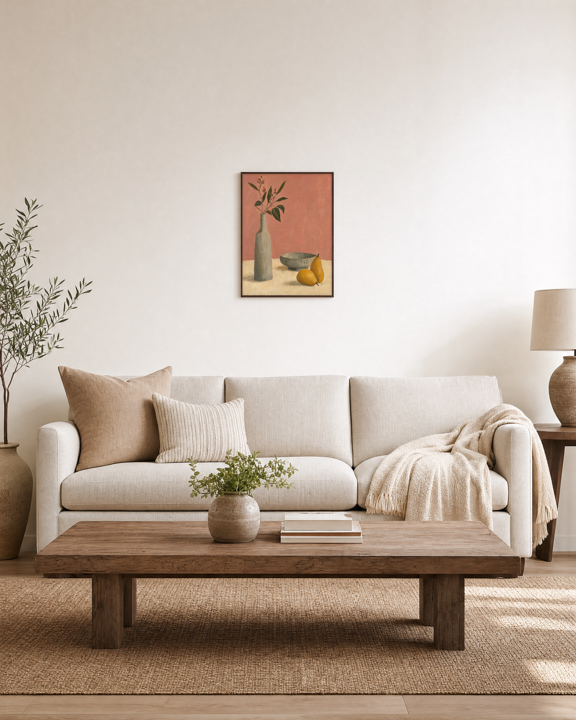 Pitcher and Lemon Press edition unframed print is shown framed for styling in a living room; Frame not included
