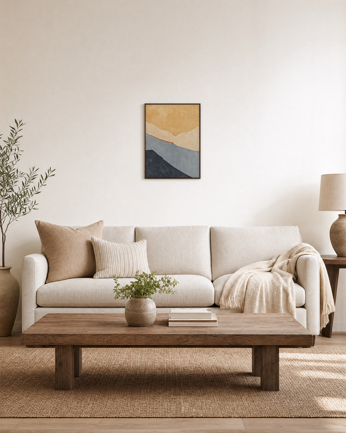 Layered Sand Hills with Rust Line layered sand hills wall art print: unframed print is shown framed for styling in a living room; frame not included