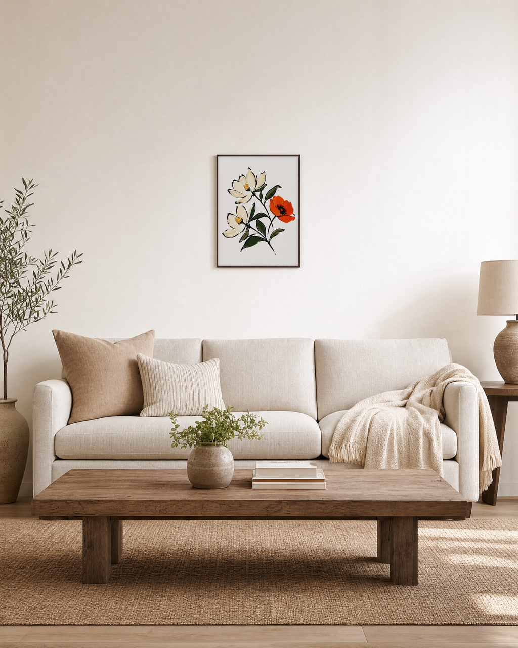 Two Magnolias One Rust Poppy unframed print is shown framed for styling in a living room; frame not included