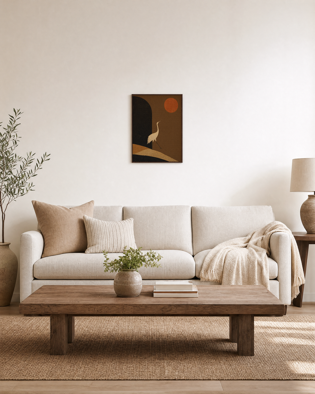 Crane Over Umber Arch unframed print is shown framed for styling in a living room; frame not included