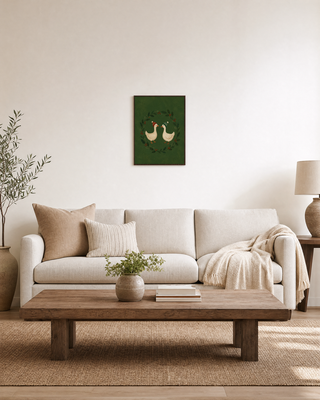Holiday Geese holly geese print: unframed print is shown framed for styling in a living room; frame not included