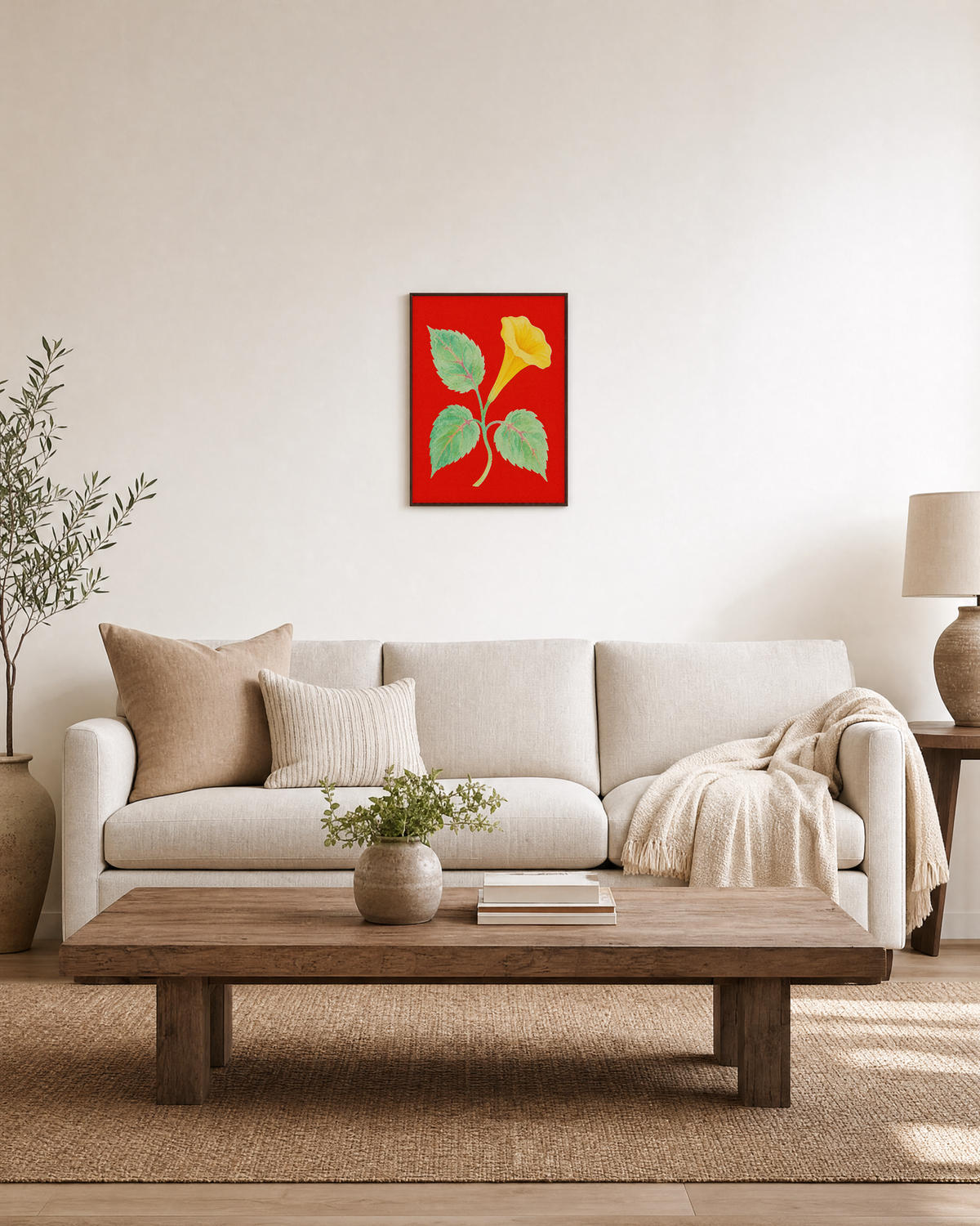 Butter Trumpet butter trumpet bloom wall art: unframed print is shown framed for styling in a living room; frame not included