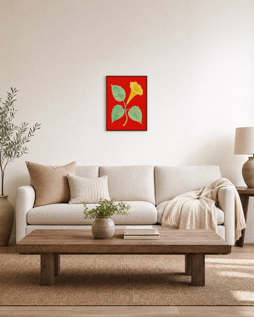 Butter Trumpet butter trumpet bloom wall art: unframed print is shown framed for styling in a living room; frame not included