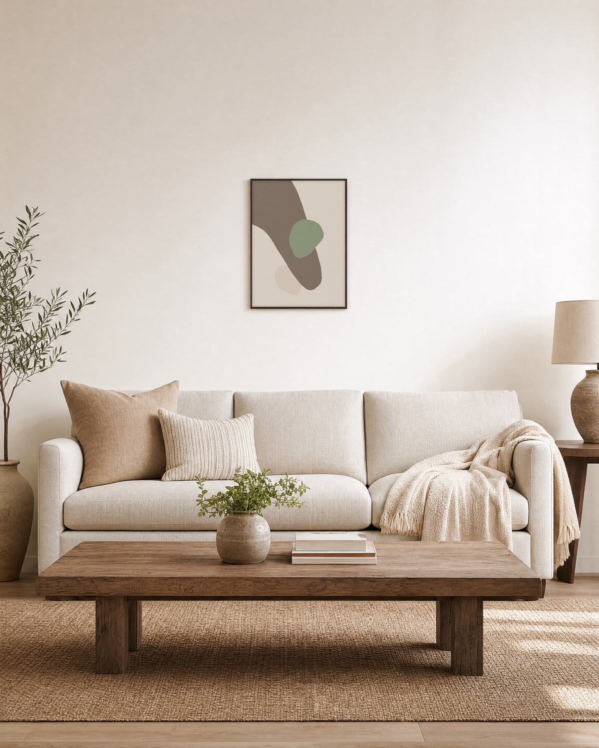 Taupe Curve with Sage Oval taupe and sage abstract wall art: unframed print is shown framed for styling in a living room; frame not included