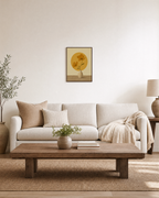 Morning Cosmos ochre cosmos wall art: unframed print is shown framed for styling in a living room; frame not included