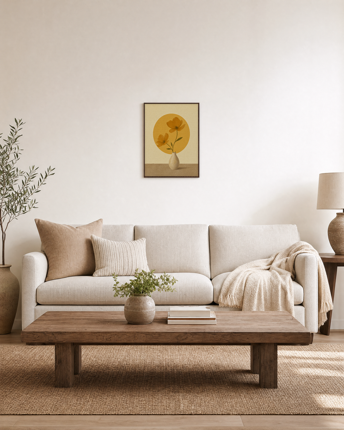 Morning Cosmos ochre cosmos wall art: unframed print is shown framed for styling in a living room; frame not included