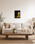 Lemon Magnolia Dark unframed print is shown framed for styling in a living room; frame not included