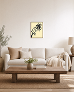 Ink Branch Fruit unframed print is shown framed for styling in a living room; frame not included