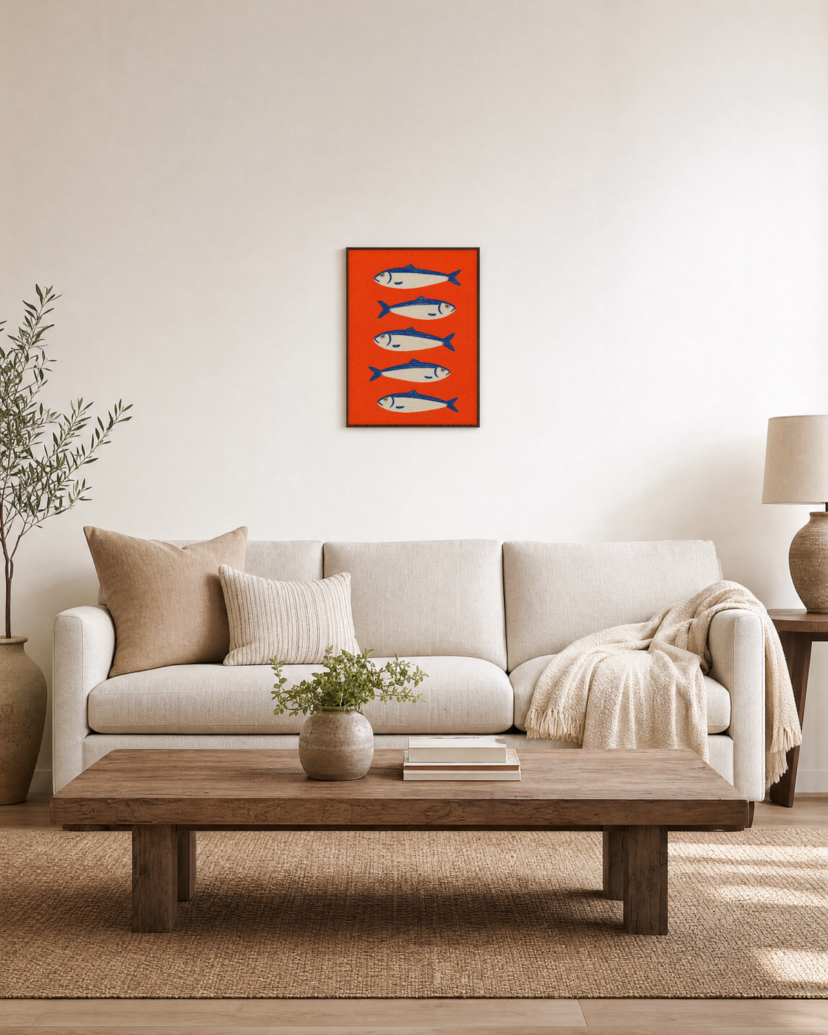 Silver School fish art prints: unframed print is shown framed for styling in a living room; frame not included
