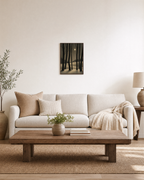 Cabin Night moon prints: unframed print is shown framed for styling in a living room; frame not included