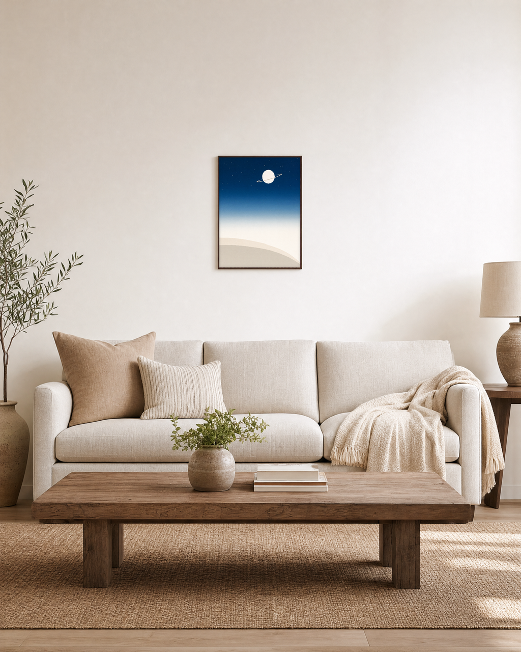 Night Horizon unframed print is shown framed for styling in a living room; frame not included