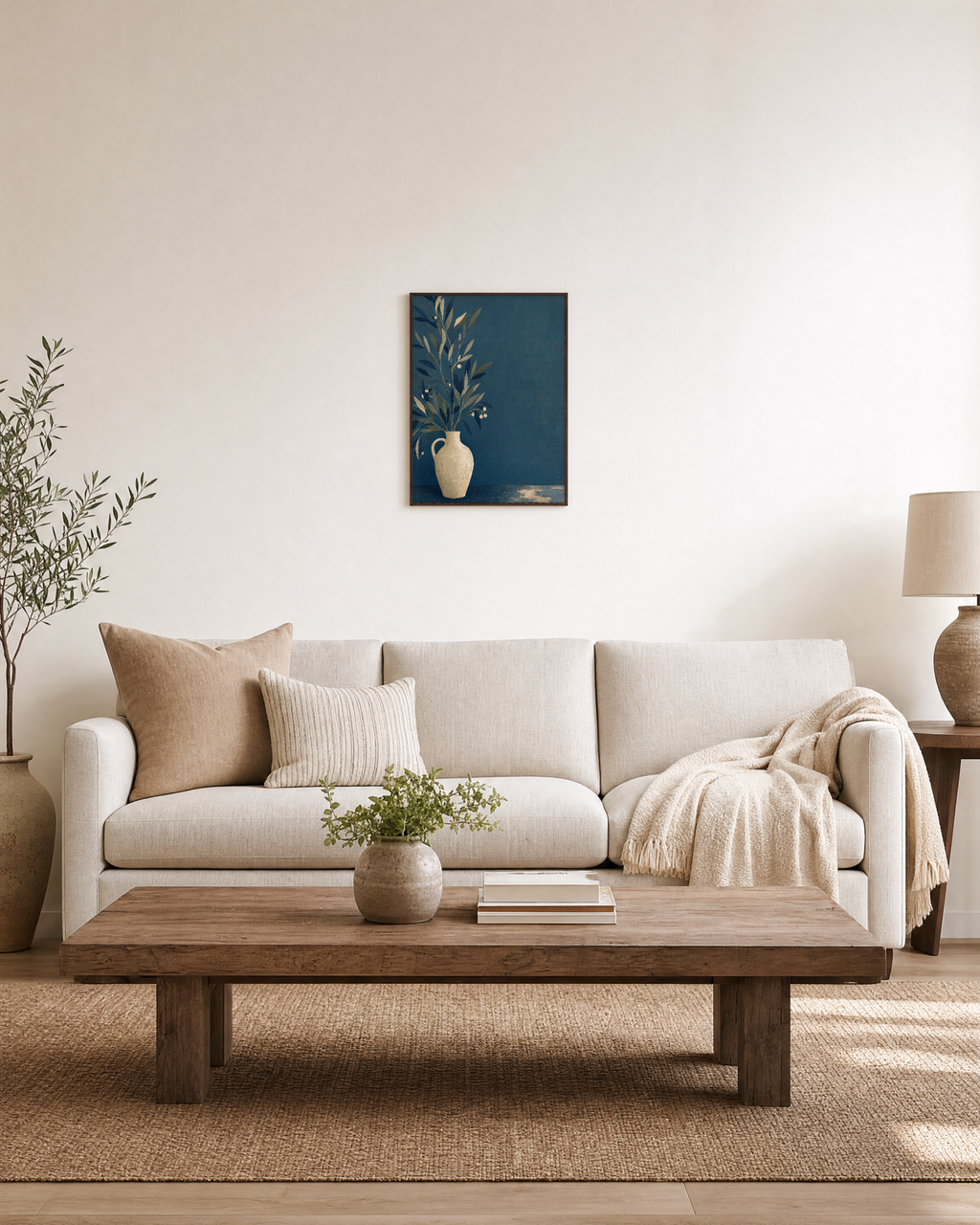 Teal Willow Pitcher unframed print is shown framed for styling in a living room; frame not included