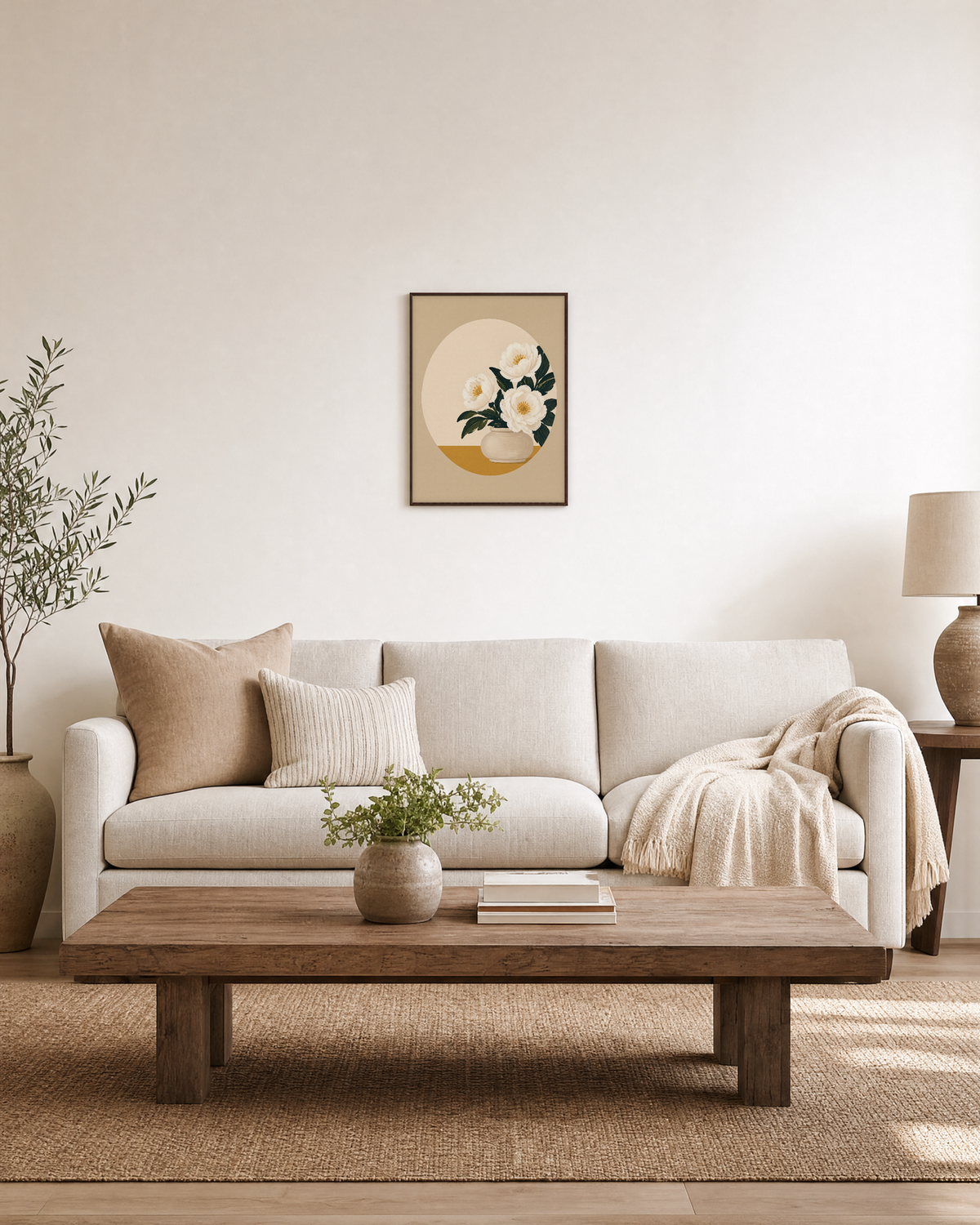 Morning Peonies white peony wall art: unframed print is shown framed for styling in a living room; frame not included