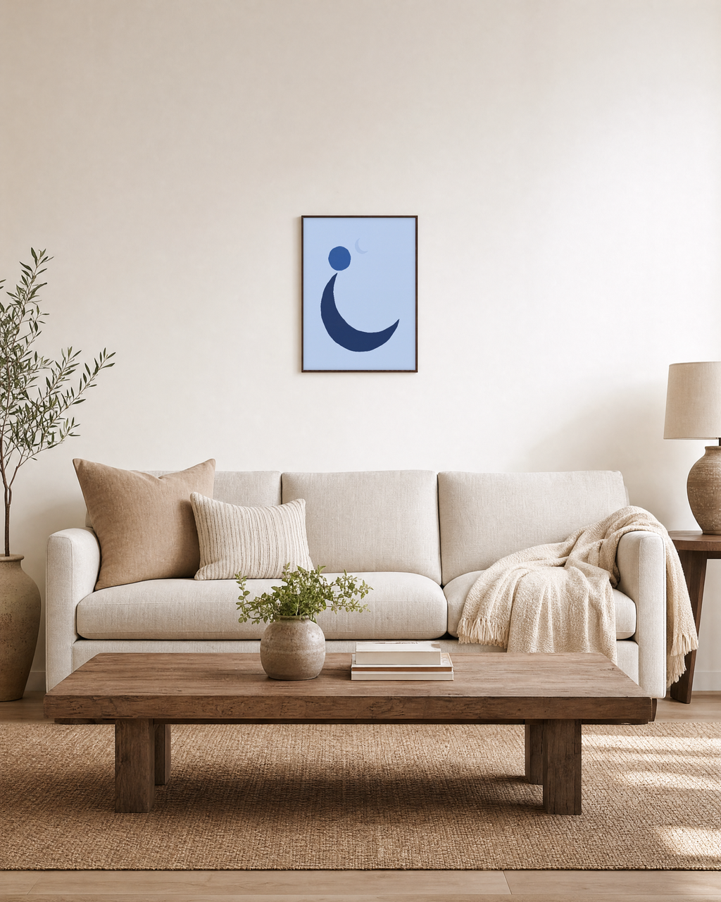 Blue Crescent unframed print is shown framed for styling in a living room; frame not included