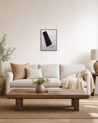 Offset Forms on White white geometric wall art: unframed print is shown framed for styling in a living room; frame not included