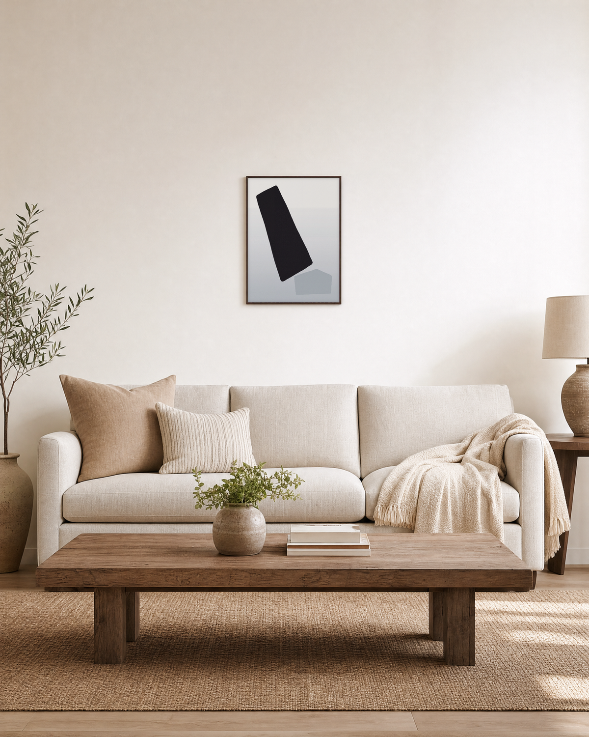 Offset Forms on White white geometric wall art: unframed print is shown framed for styling in a living room; frame not included