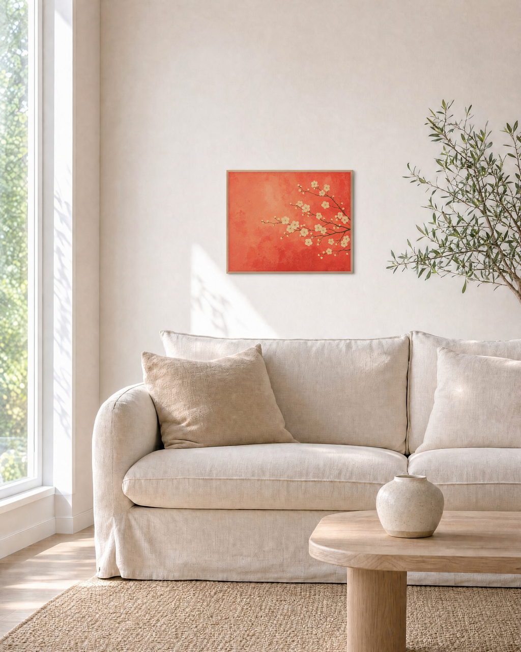 Plum Blossoms From Right unframed print is shown framed for styling in a living room; frame not included