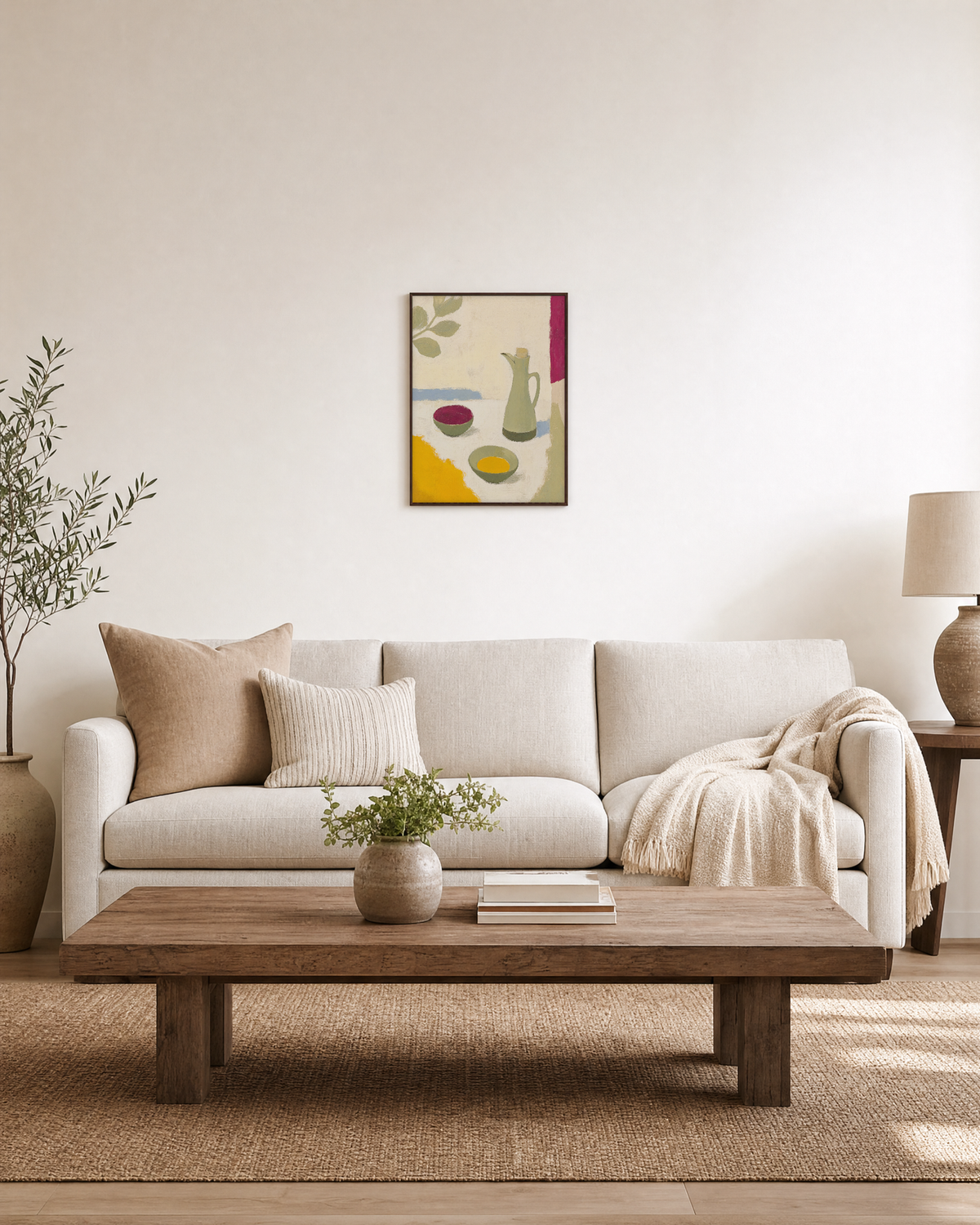 Jug with Leaf and Bowls jug bowl and leaf branch wall art print: unframed print is shown framed for styling in a living room; frame not included