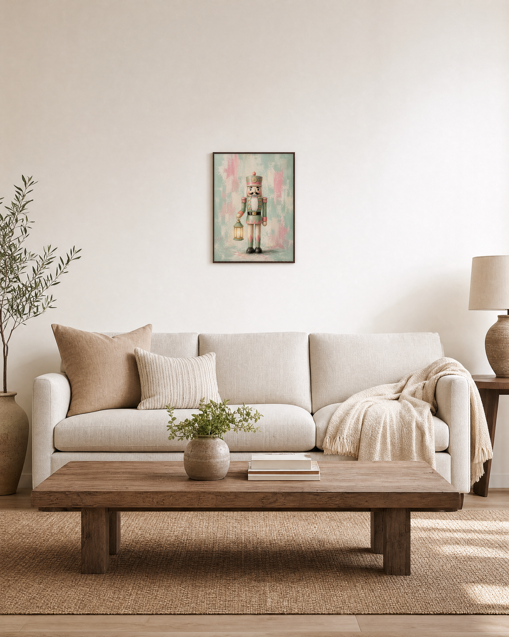 Lantern Nutcracker pastel nutcracker print: unframed print is shown framed for styling in a living room; frame not included