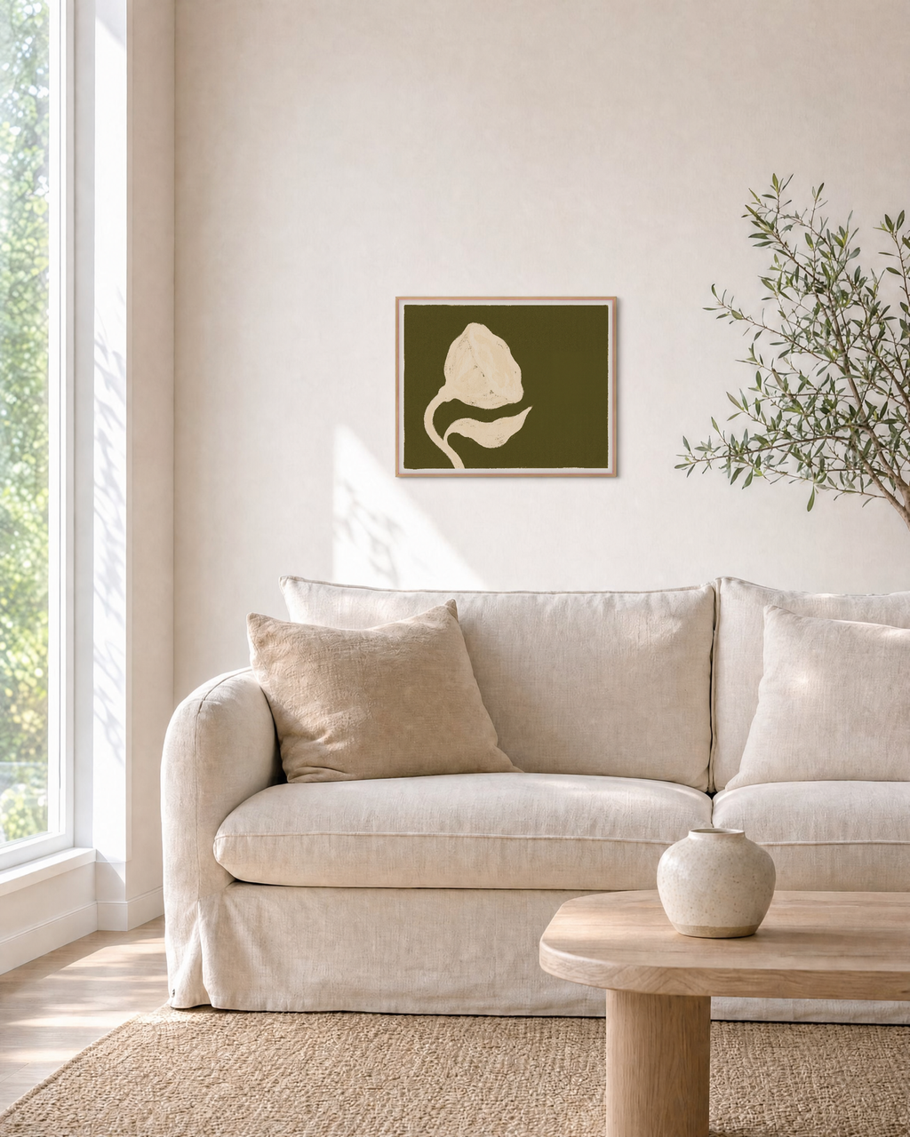 Ivory Seed Pod on Olive Field olive green floral wall art print: unframed print is shown framed for styling in a living room; frame not included