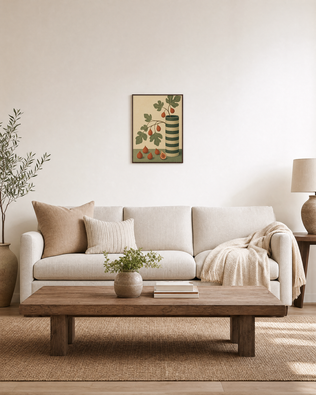 Fig Stripe Cylinder unframed print is shown framed for styling in a living room; frame not included