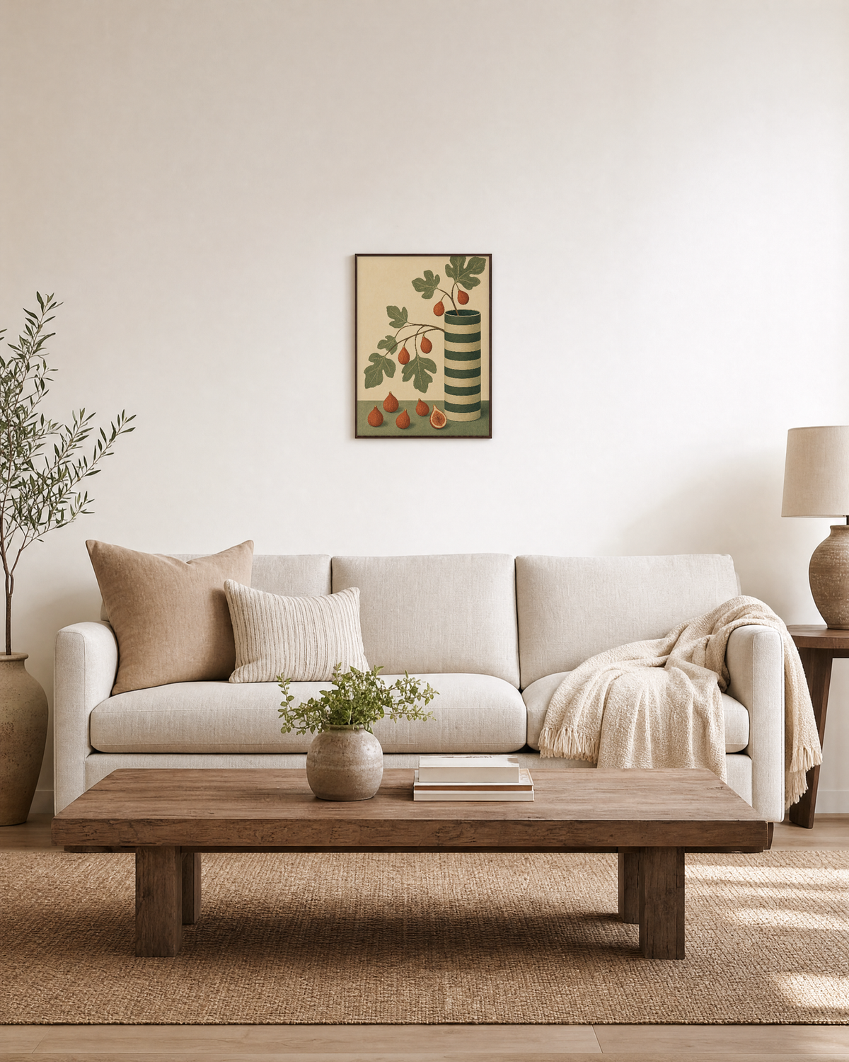 Fig Stripe Cylinder unframed print is shown framed for styling in a living room; frame not included
