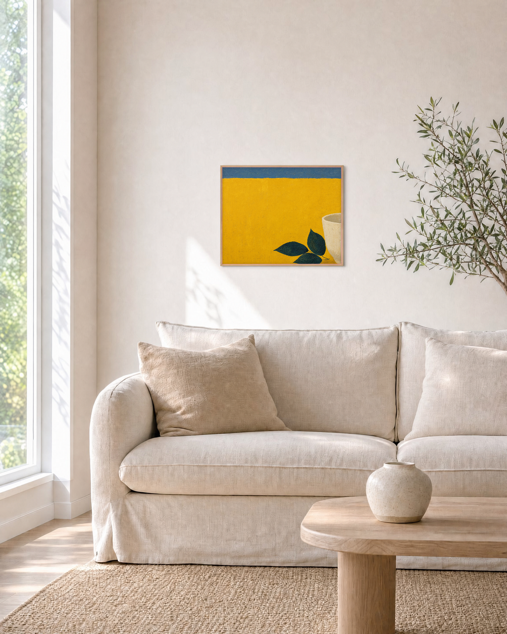 Mustard Leaf Pot Press edition unframed print is shown framed for styling in a living room; Frame not included