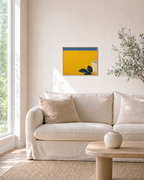 Mustard Leaf Pot Press edition unframed print is shown framed for styling in a living room; Frame not included