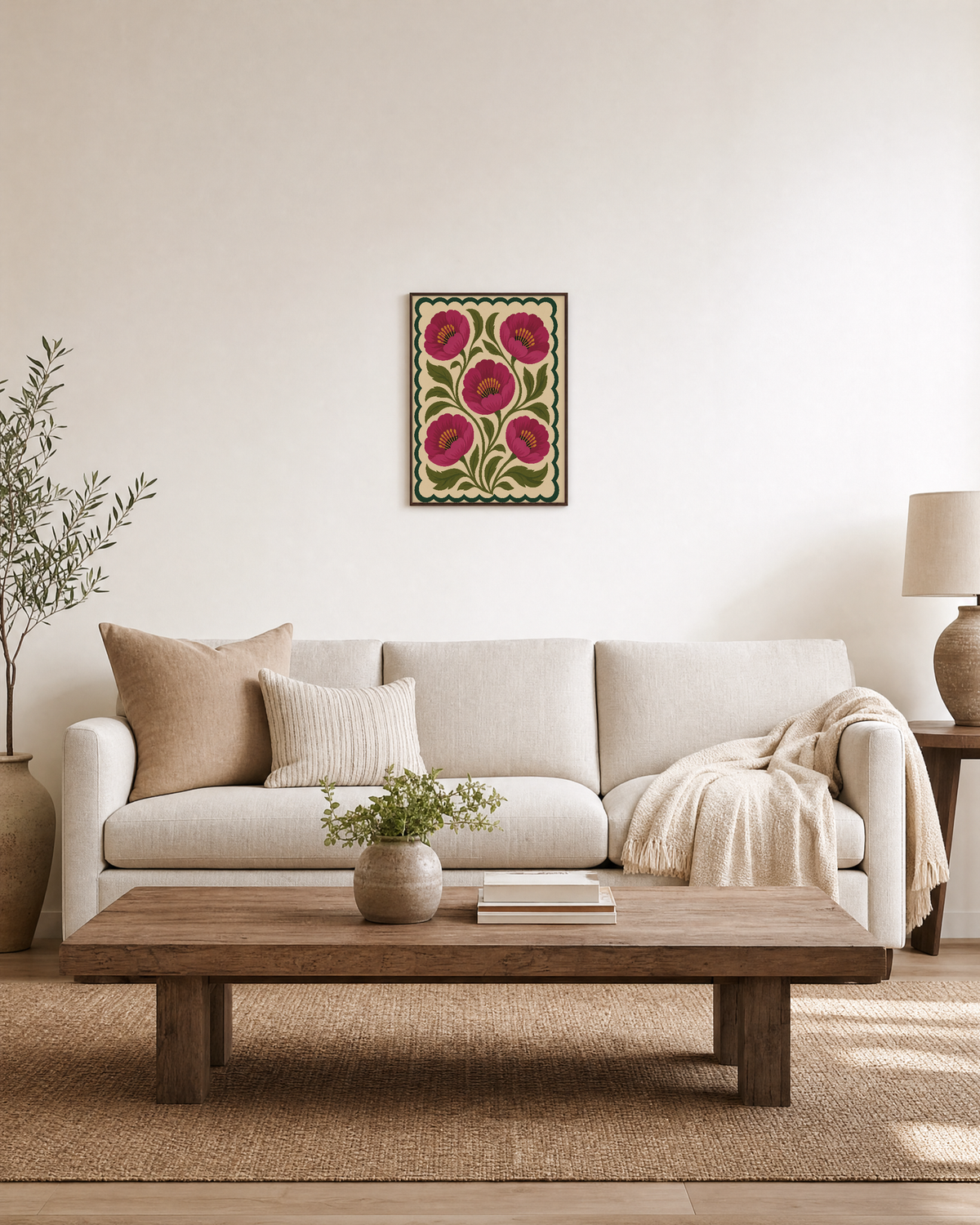Poppy Medallion magenta poppy wall art: unframed print is shown framed for styling in a living room; frame not included