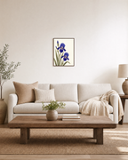 Blue Folk Stem unframed print is shown framed for styling in a living room; frame not included