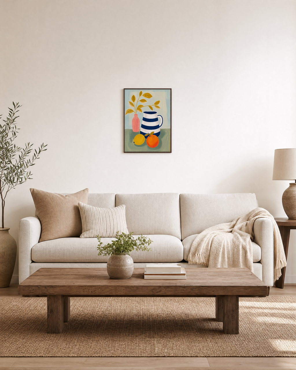 Morning Pitcher striped pitcher wall art: unframed print is shown framed for styling in a living room; frame not included