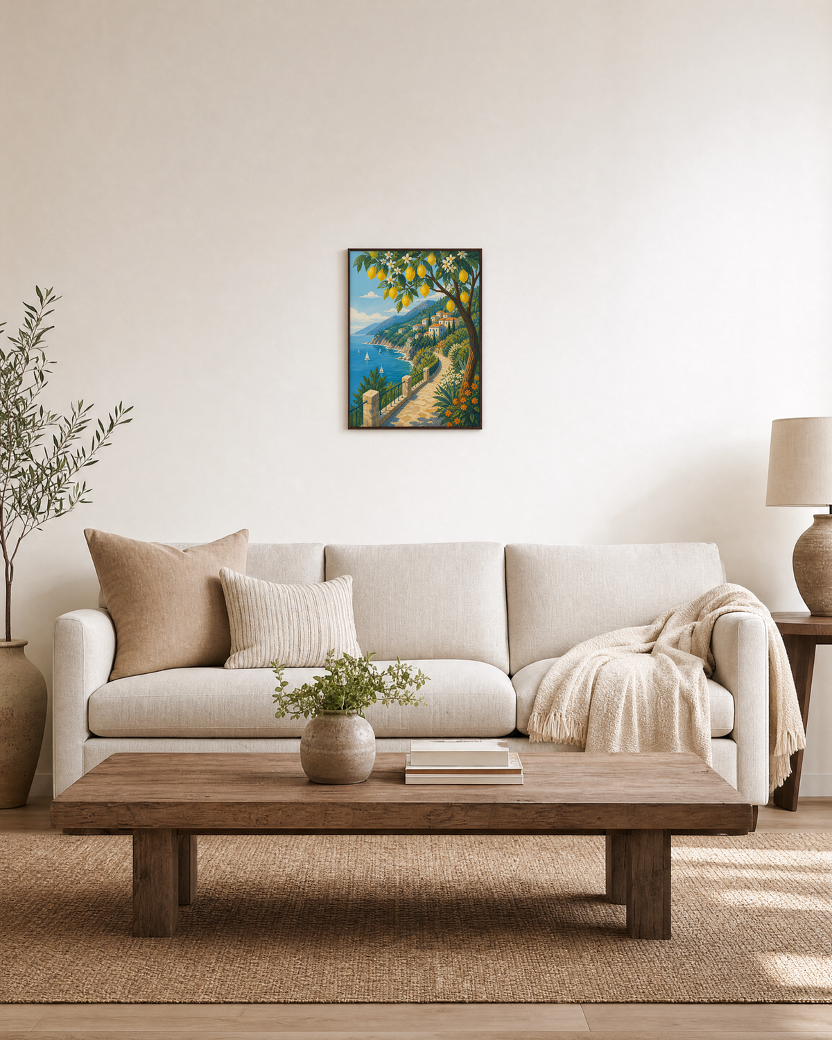 Lemon Path lemon tree wall art: unframed print is shown framed for styling in a living room; frame not included