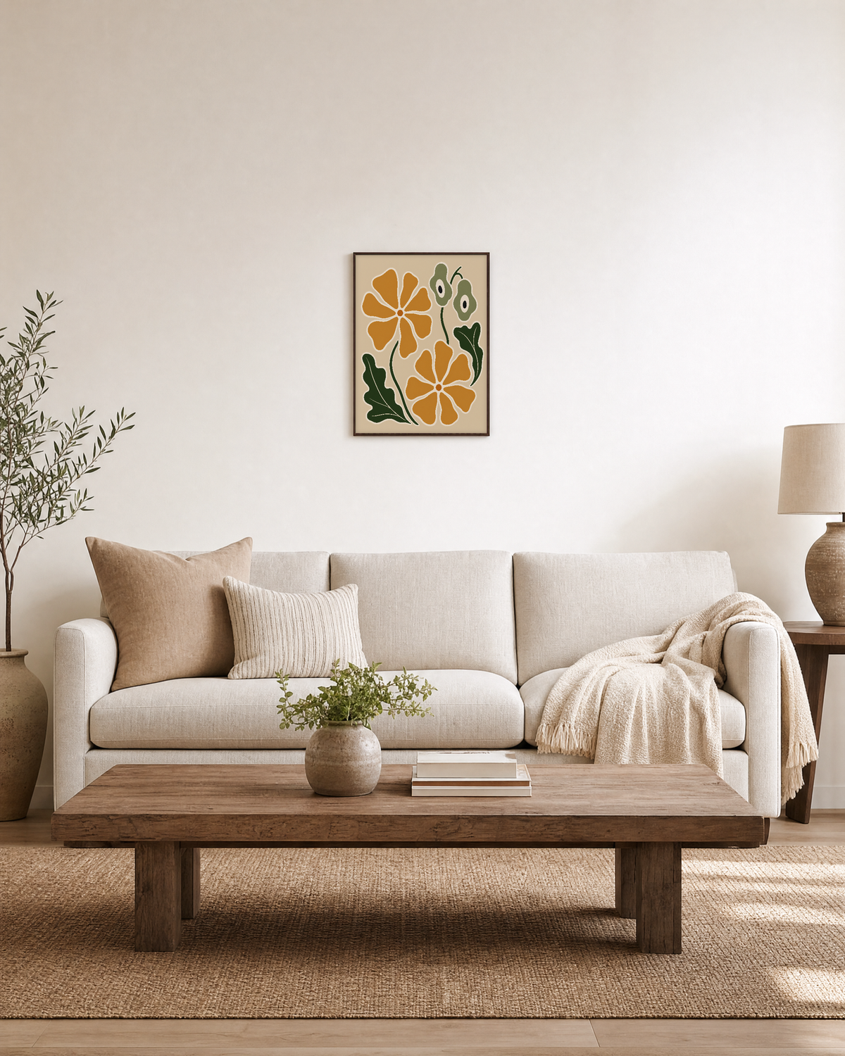 Garden Pair ochre bloom wall art: unframed print is shown framed for styling in a living room; frame not included