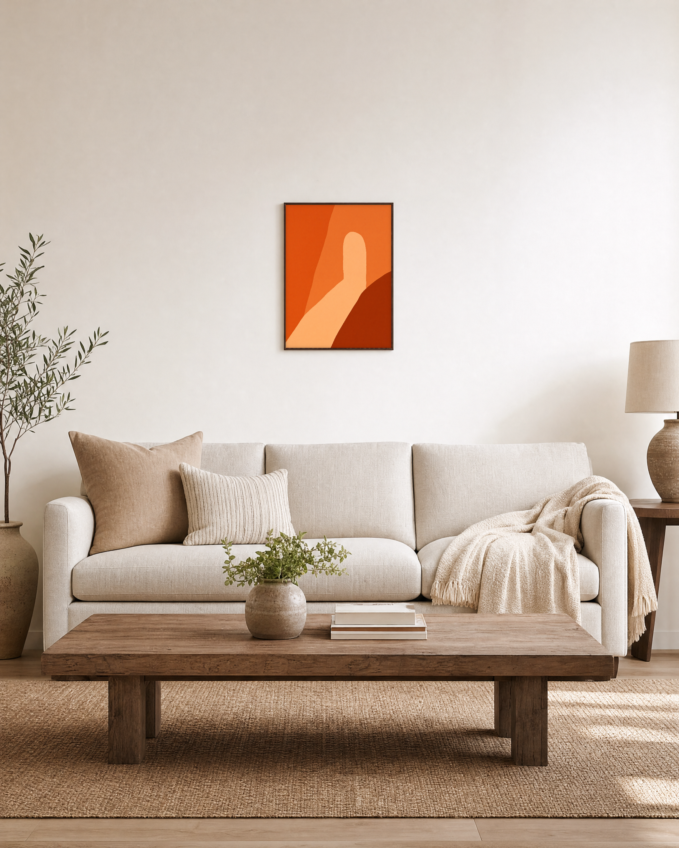 Terracotta Arch unframed print is shown framed for styling in a living room; frame not included