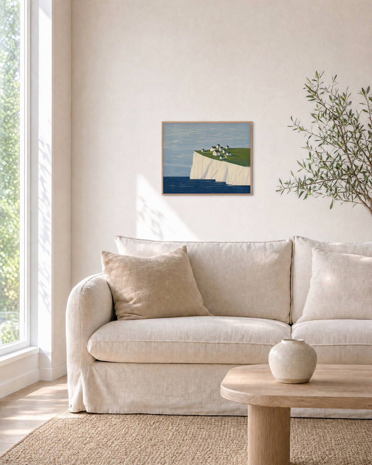 High Village landscape art prints: unframed print is shown framed for styling in a living room; frame not included