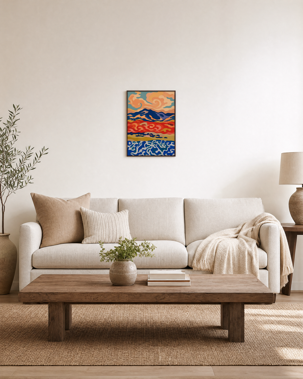 Ridge Weather peach swirl ridge wall art: unframed print is shown framed for styling in a living room; frame not included