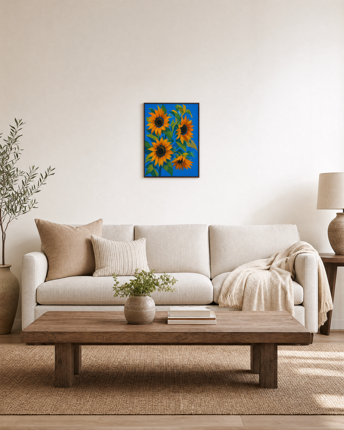 Sunflower Hour sunflower art print: unframed print is shown framed for styling in a living room; frame not included