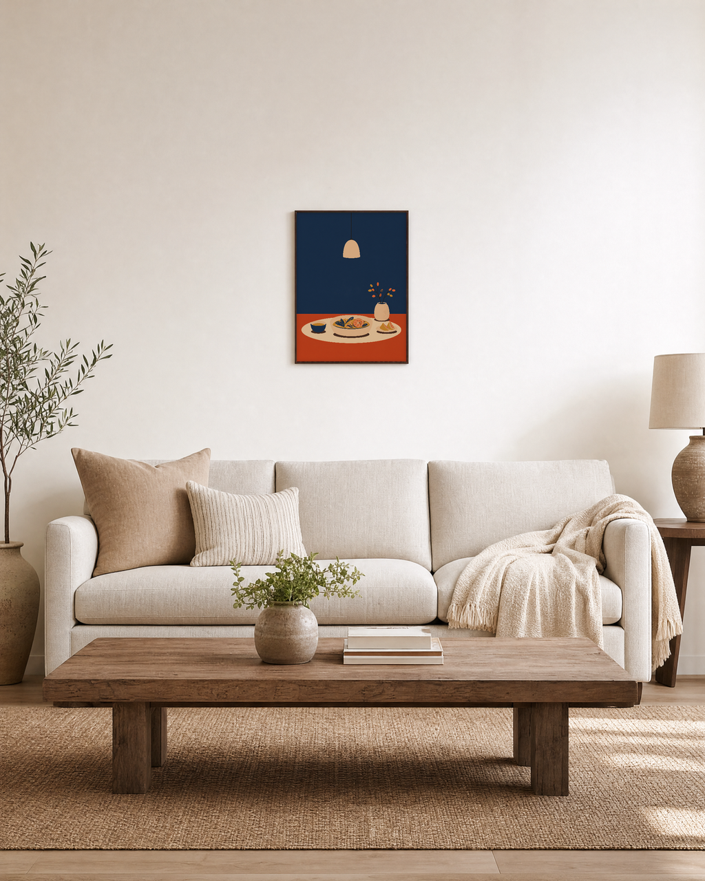 Supper Light dinner table wall art: unframed print is shown framed for styling in a living room; frame not included