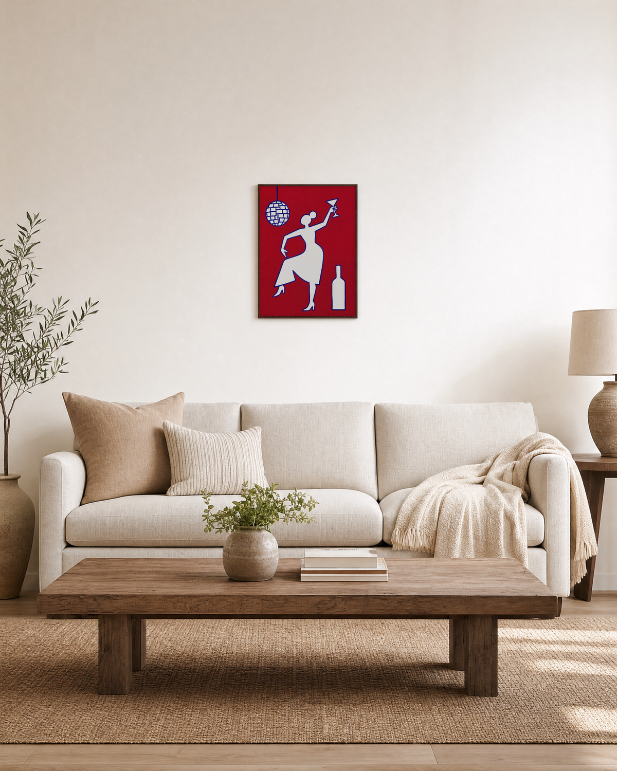 Disco Toast crimson disco print: unframed print is shown framed for styling in a living room; frame not included