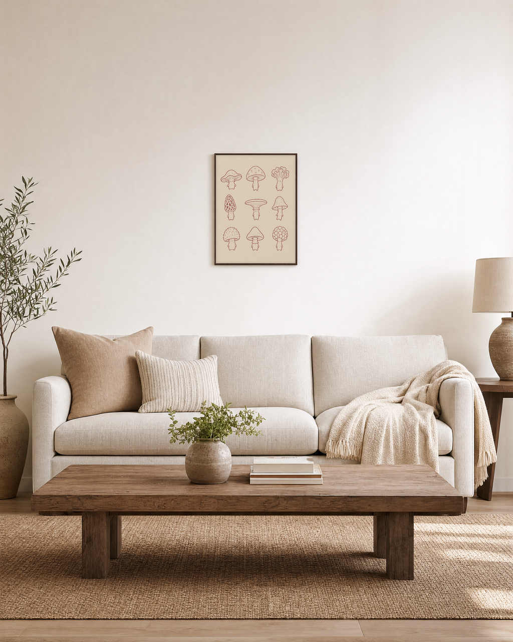 Mushroom Cast mushroom art print: unframed print is shown framed for styling in a living room; frame not included